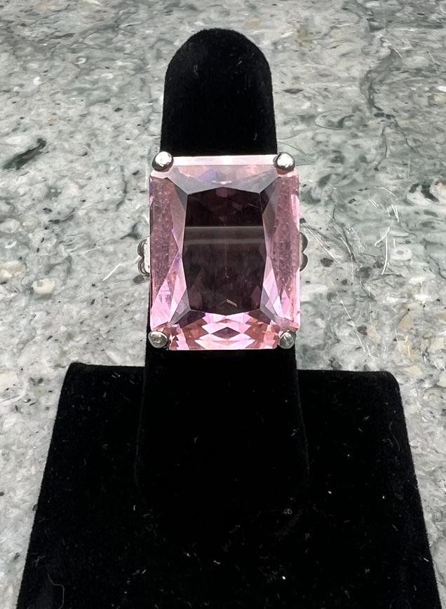 Sterling Silver Cocktail Ring with Large Pink Emerald-Cut Stone. sz 7 2