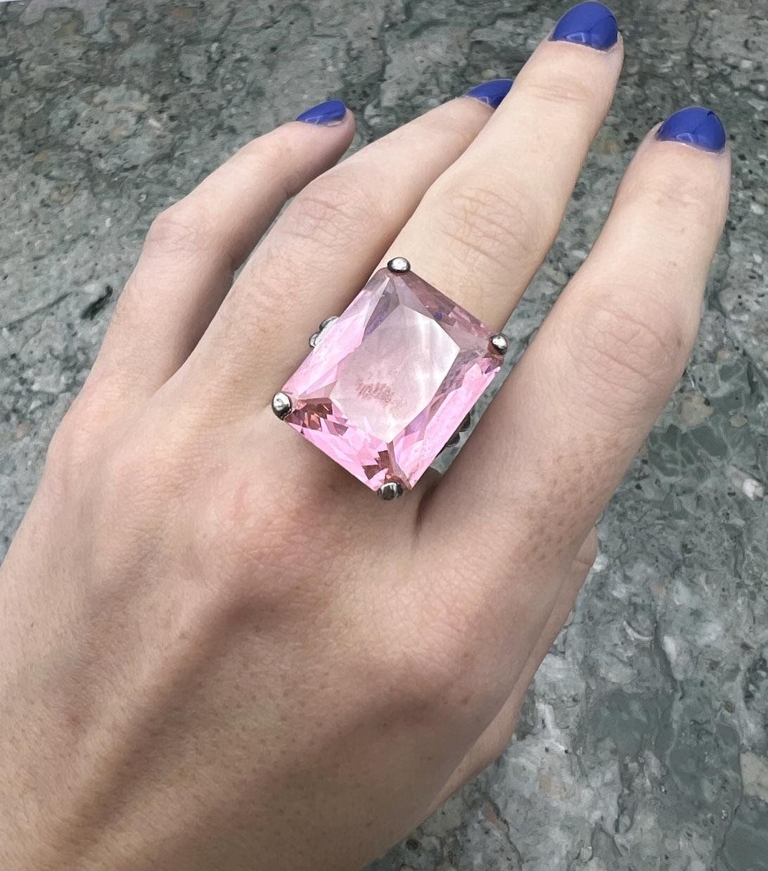 Sterling Silver Cocktail Ring with Large Pink Emerald-Cut Stone. sz 7 3