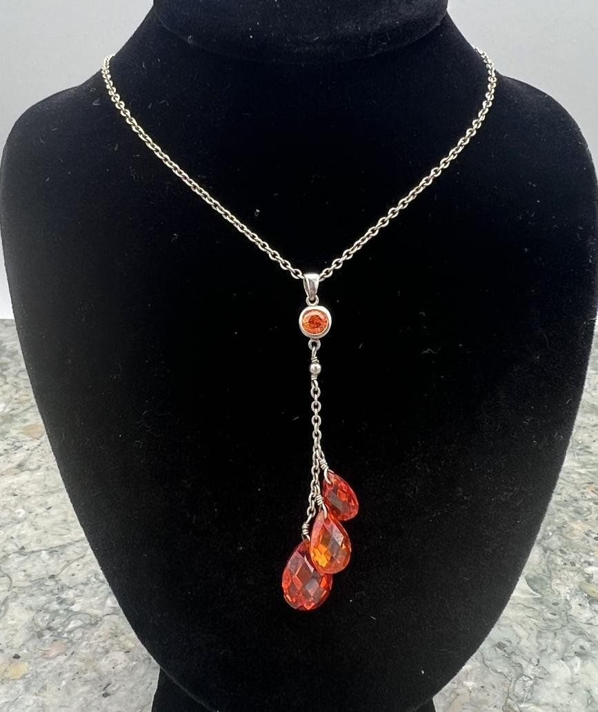 Sterling Silver Y-Necklace with Orange Briolette Crystal Drops