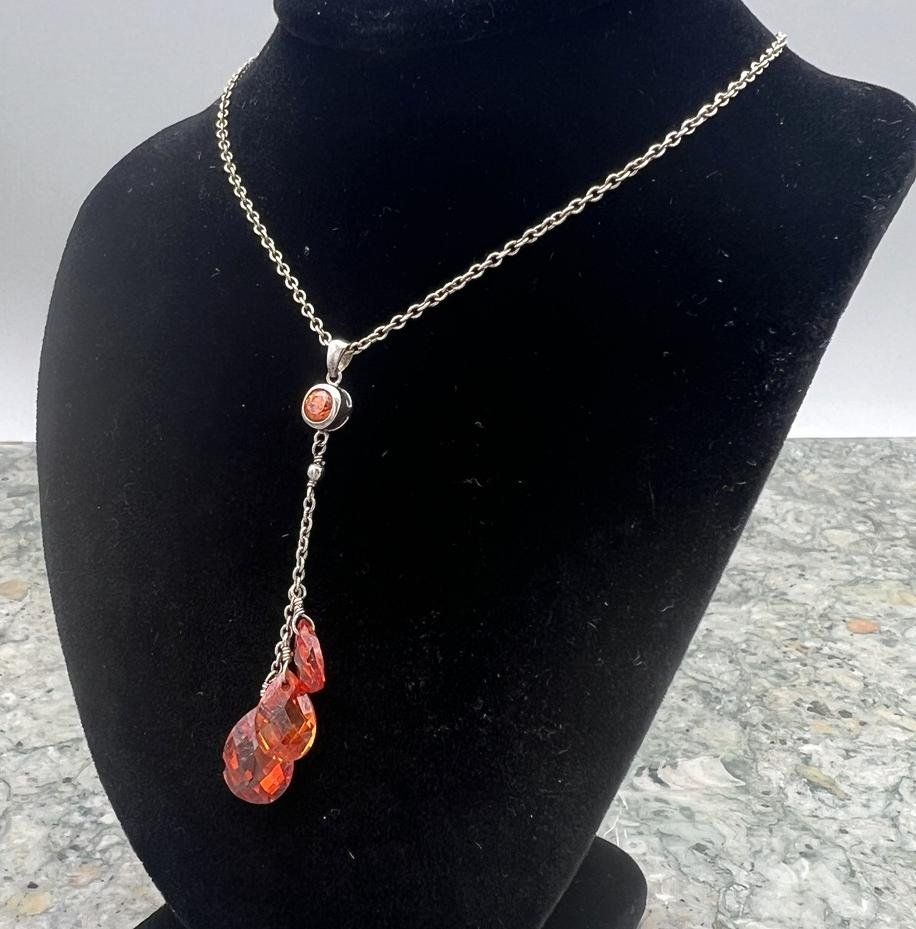 Sterling Silver Y-Necklace with Orange Briolette Crystal Drops 3