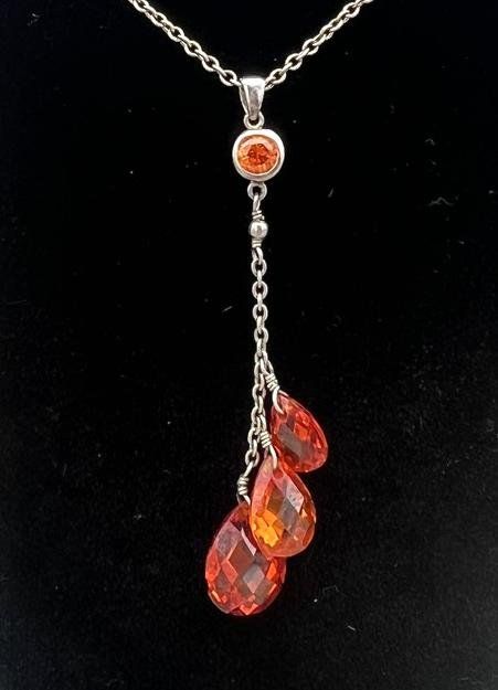 Sterling Silver Y-Necklace with Orange Briolette Crystal Drops 2