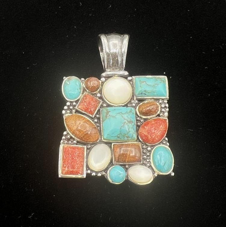 Sterling Silver Multi-Stone Mosaic Pendant Turquoise and Coral