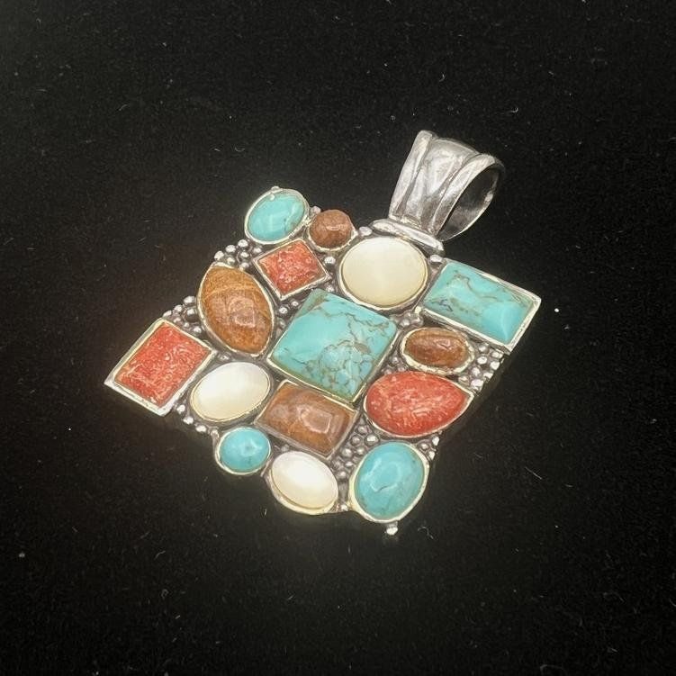 Sterling Silver Multi-Stone Mosaic Pendant Turquoise and Coral 2