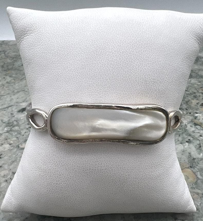 Sterling Silver Cuff Bracelet with Mother of Pearl Cabochon