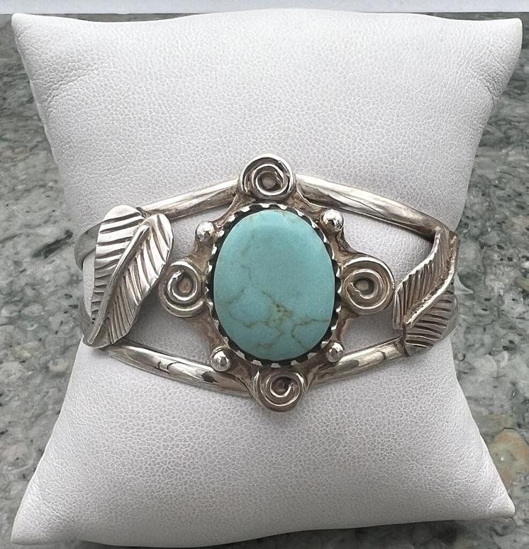 Sterling Silver Turquoise Cuff Bracelet Native American Leaf Design
