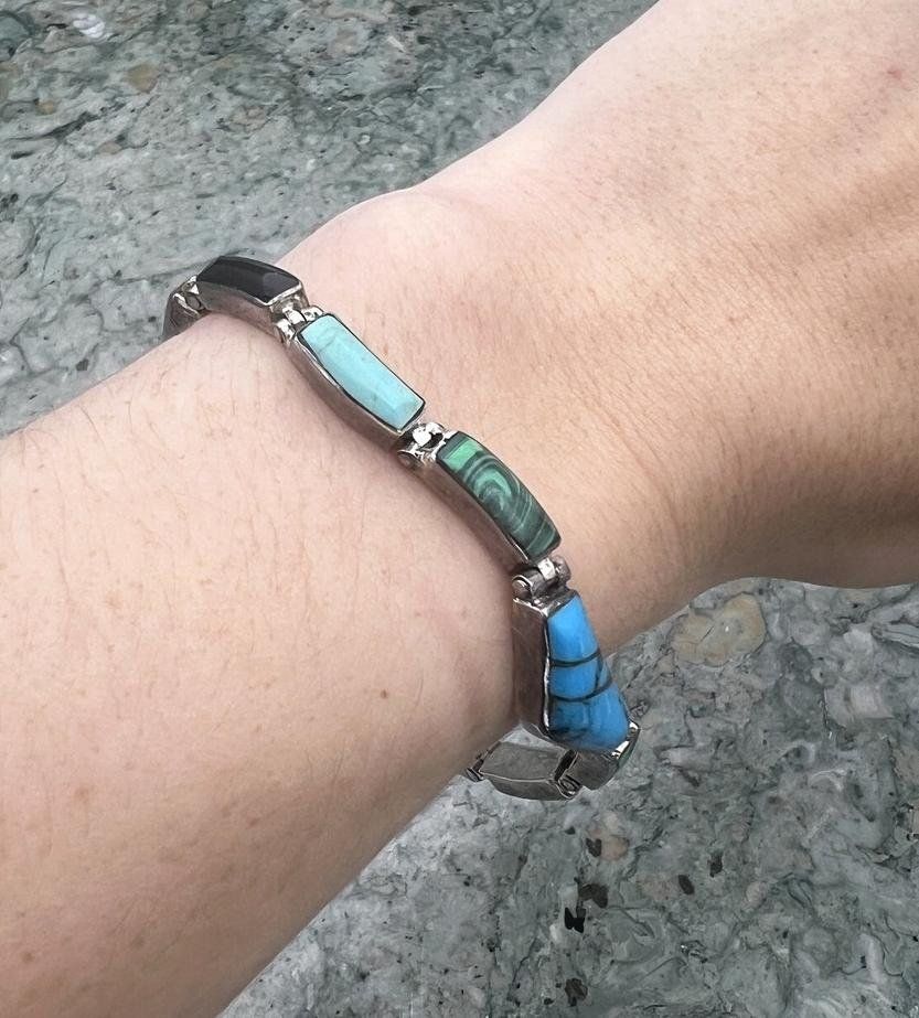 Sterling Silver Link Bracelet with Turquoise and Malachite Inlay 4