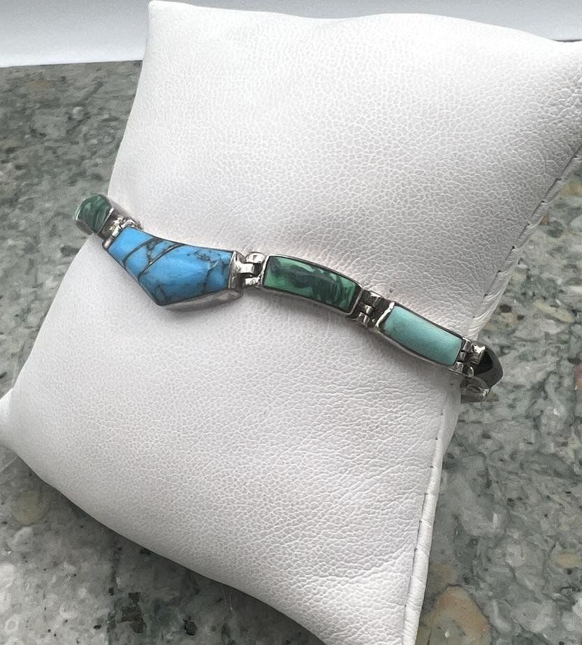 Sterling Silver Link Bracelet with Turquoise and Malachite Inlay 2