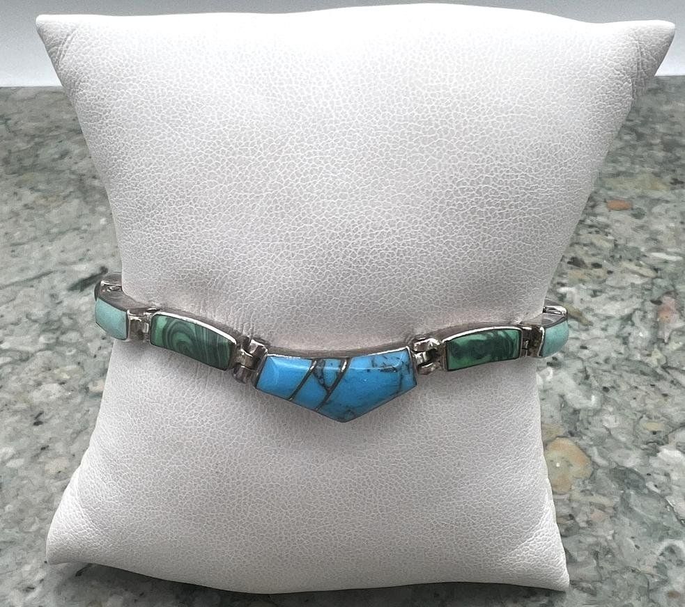 Sterling Silver Link Bracelet with Turquoise and Malachite Inlay