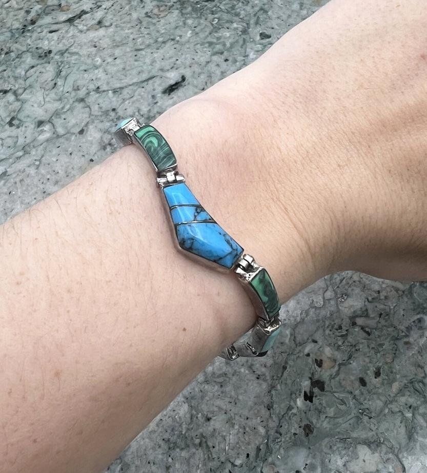 Sterling Silver Link Bracelet with Turquoise and Malachite Inlay 3