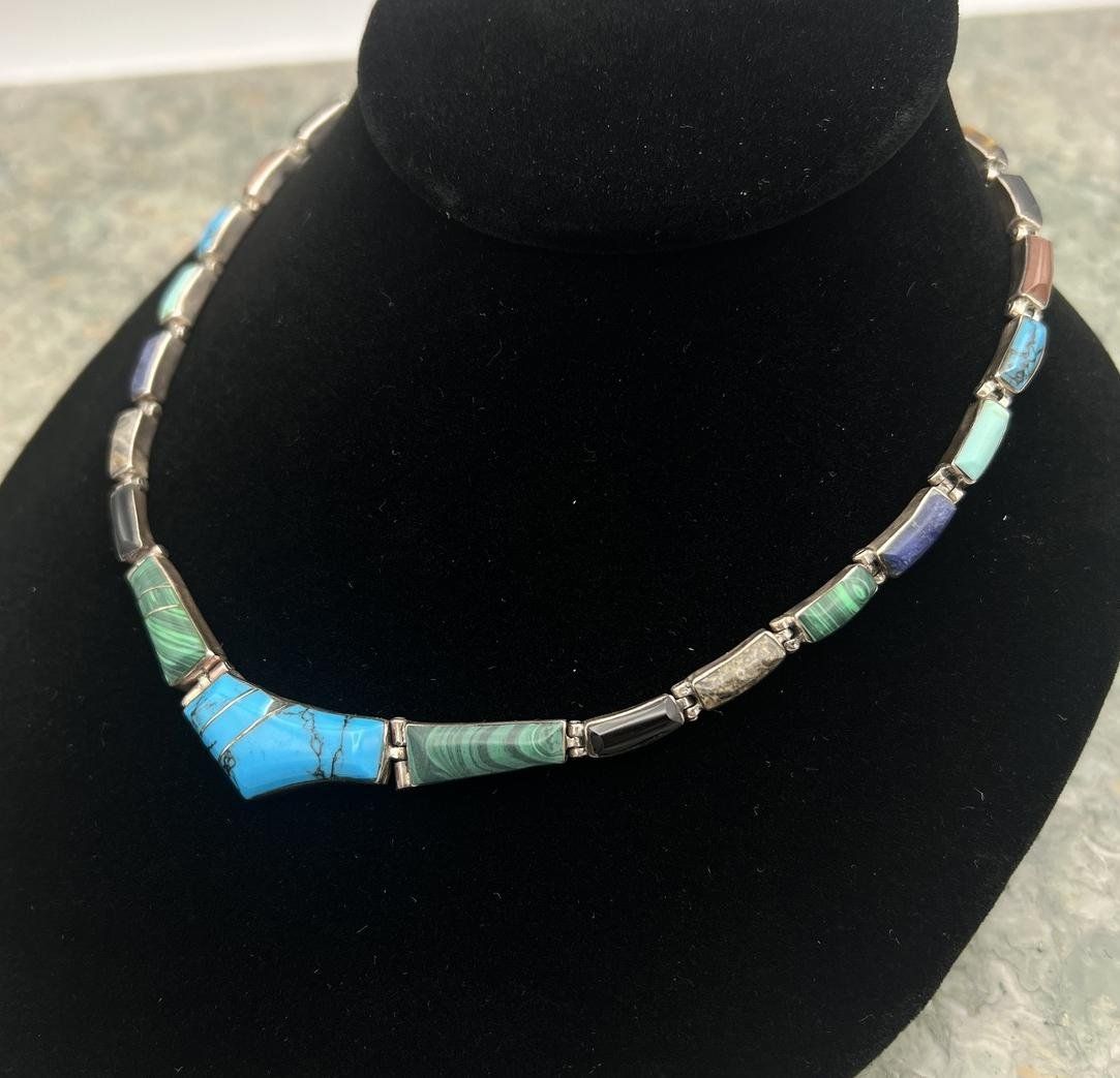 Sterling Silver Multi-Stone Inlay Link Necklace Southwest Style 2