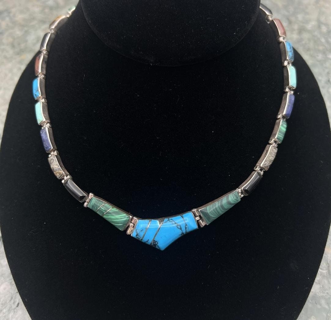 Sterling Silver Multi-Stone Inlay Link Necklace Southwest Style