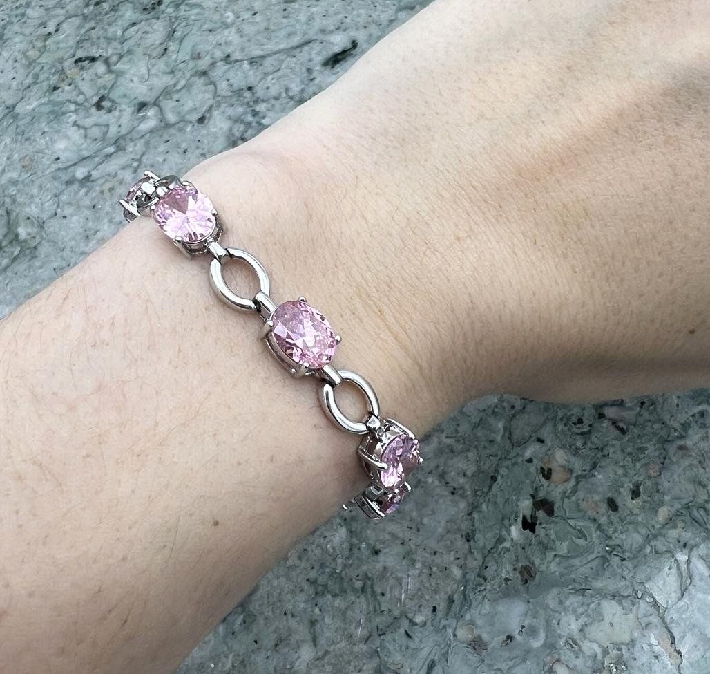 Sterling Silver Bracelet with Pink Gemstones Oval Link Design 2
