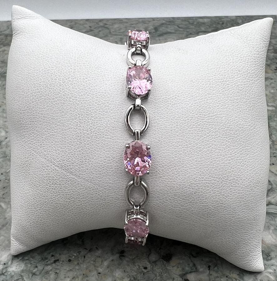Sterling Silver Bracelet with Pink Gemstones Oval Link Design