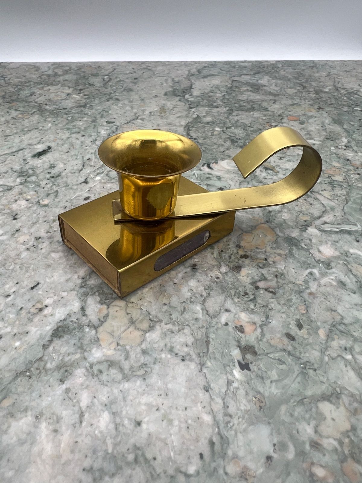 Brass Chamberstick Candle Holder with Matchbox Base, Mid-Century 2