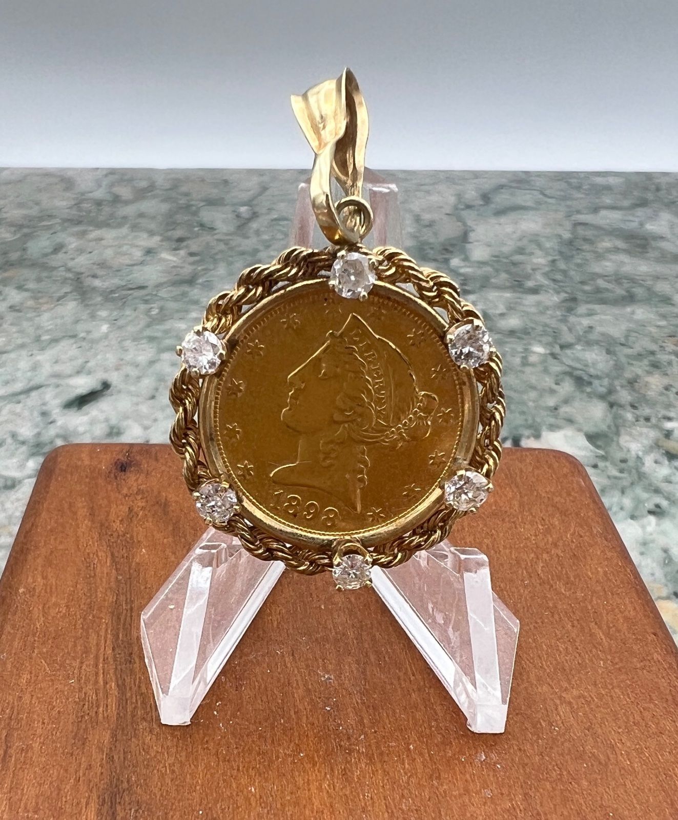 1898 $5 Liberty Head Gold Coin Pendant with 14k Diamond Rope Bezel