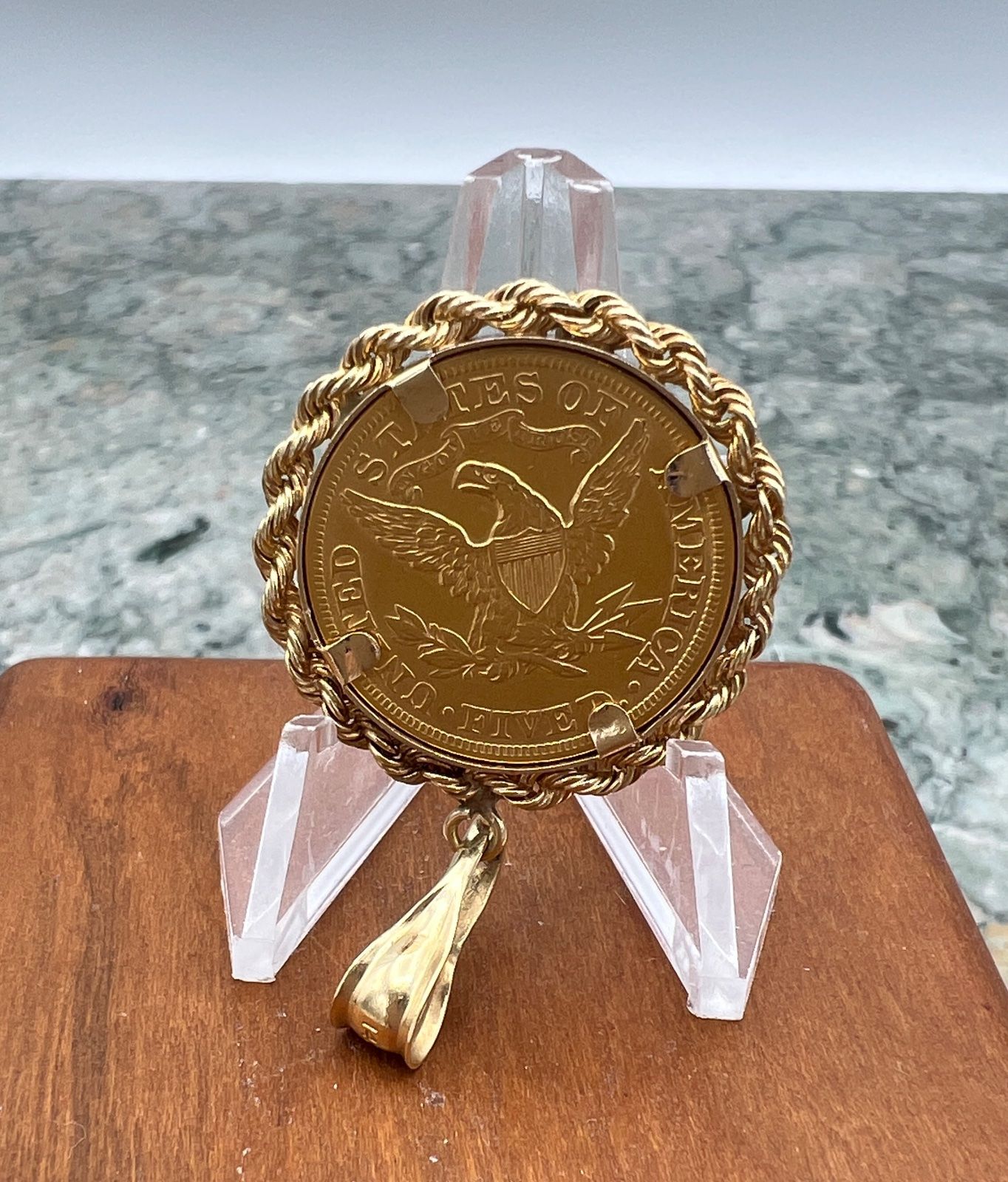 1898 $5 Liberty Head Gold Coin Pendant with 14k Diamond Rope Bezel 2