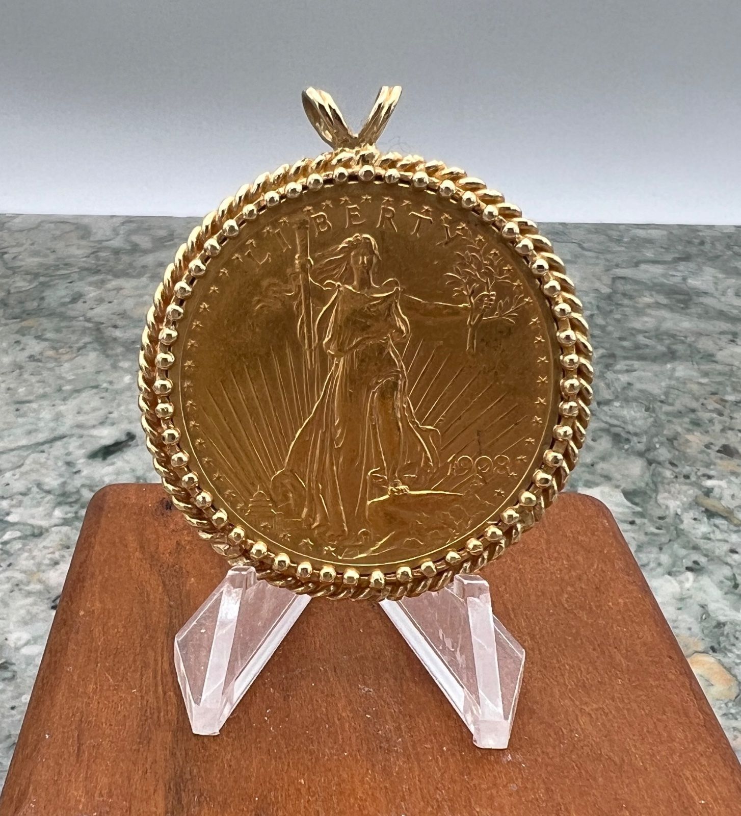 1908 Saint-Gaudens $20 Gold Double Eagle Coin in 14K Pendant Bezel