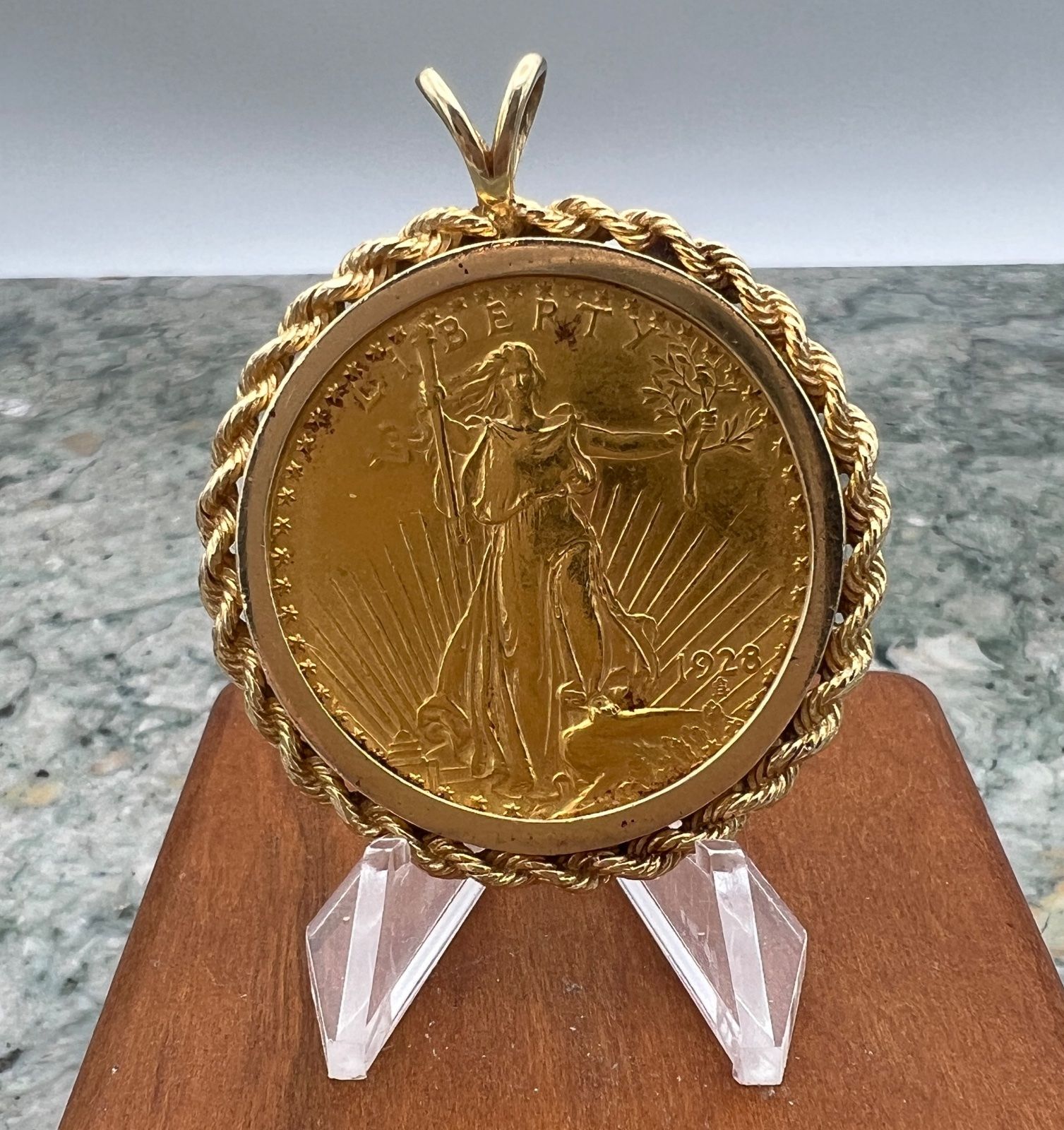 1928 $20 Saint-Gaudens Gold Double Eagle Coin in 14K Pendant