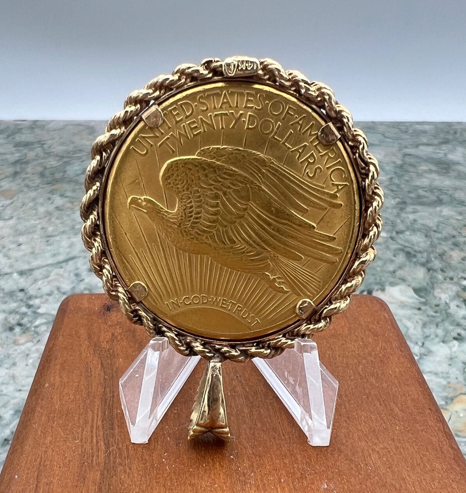 1927 Saint-Gaudens $20 Gold Eagle Coin in 14K Rope Bezel Pendant 2