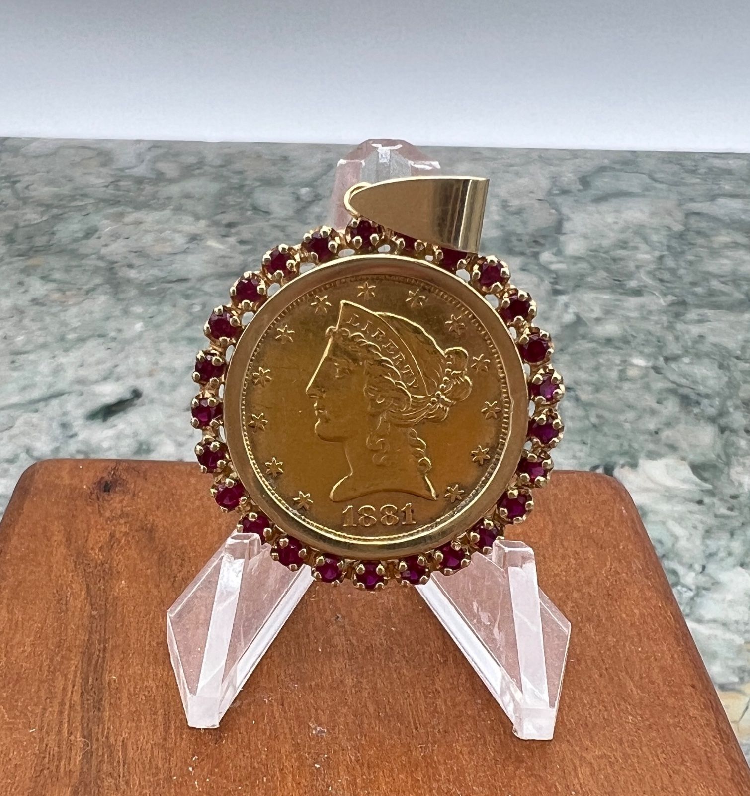 1881 $5 Liberty Head Gold Coin Pendant with Ruby Halo Bezel