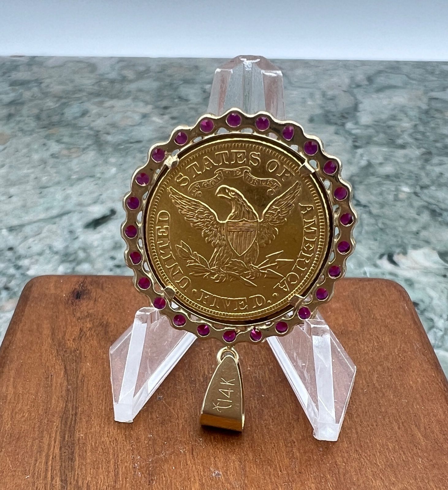 1881 $5 Liberty Head Gold Coin Pendant with Ruby Halo Bezel 2
