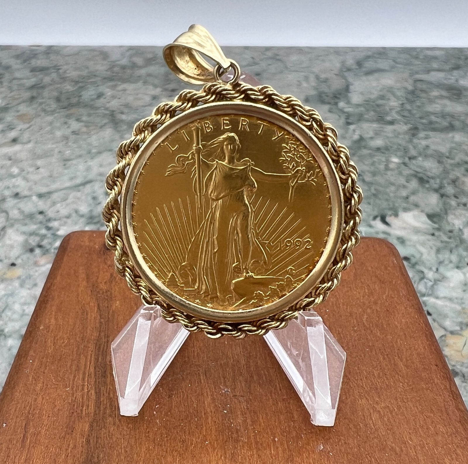 1992 $25 American Gold Eagle 1/2 oz Coin in 14K Rope Bezel Pendant
