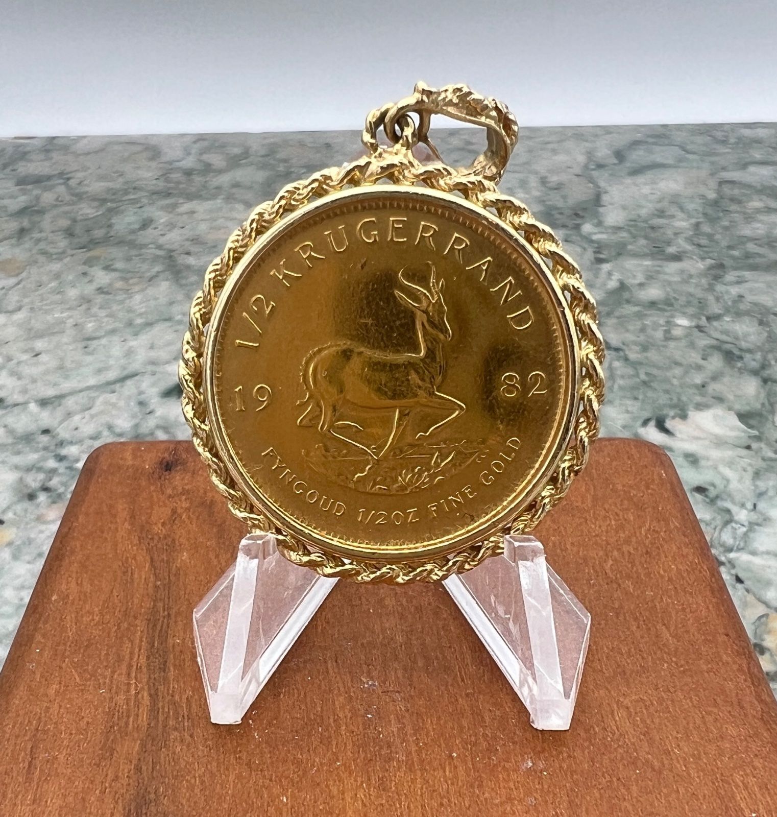 1/2 oz South African Gold Krugerrand Coin in 14K Rope Bezel Pendant
