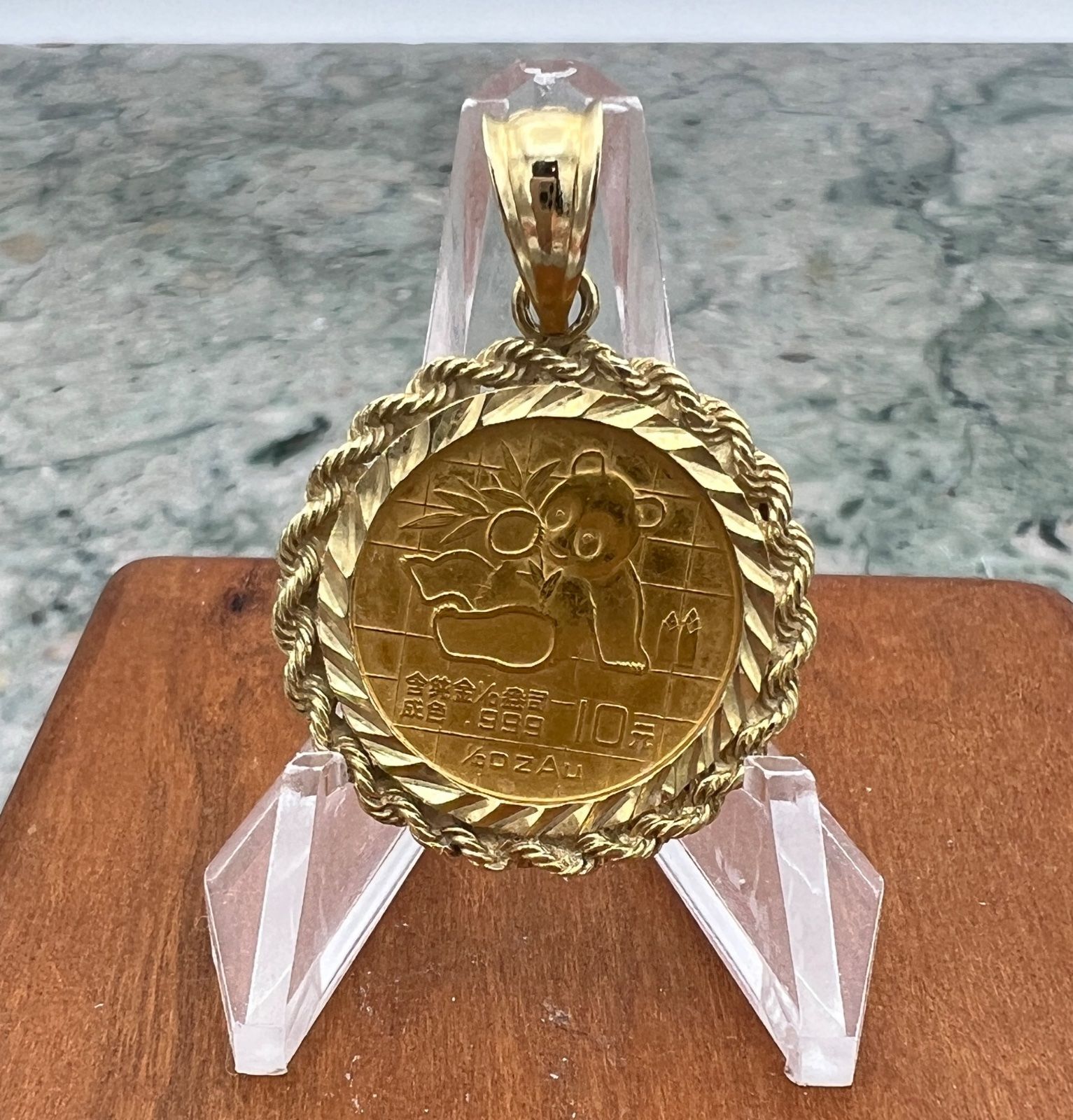 1/10 oz Chinese Gold Panda Coin 10 Yuan in 14K Rope Bezel Pendant