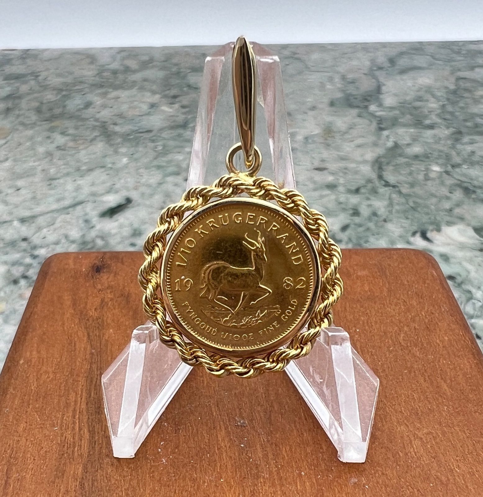 1982 1/10 oz Gold Krugerrand Coin Pendant in 14K Rope Bezel