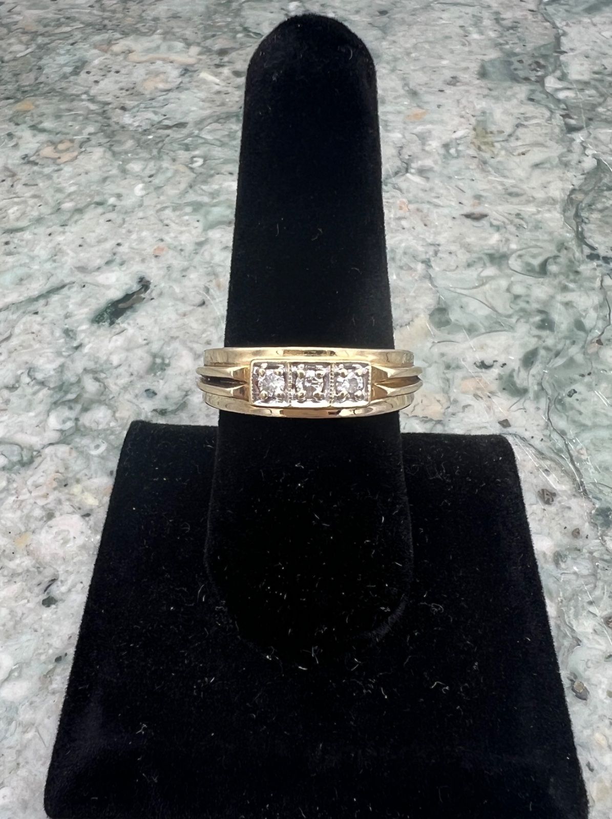 14K Gold Three-Stone Diamond Ring Set Vintage Mid-Century. Sz. 9.75 2