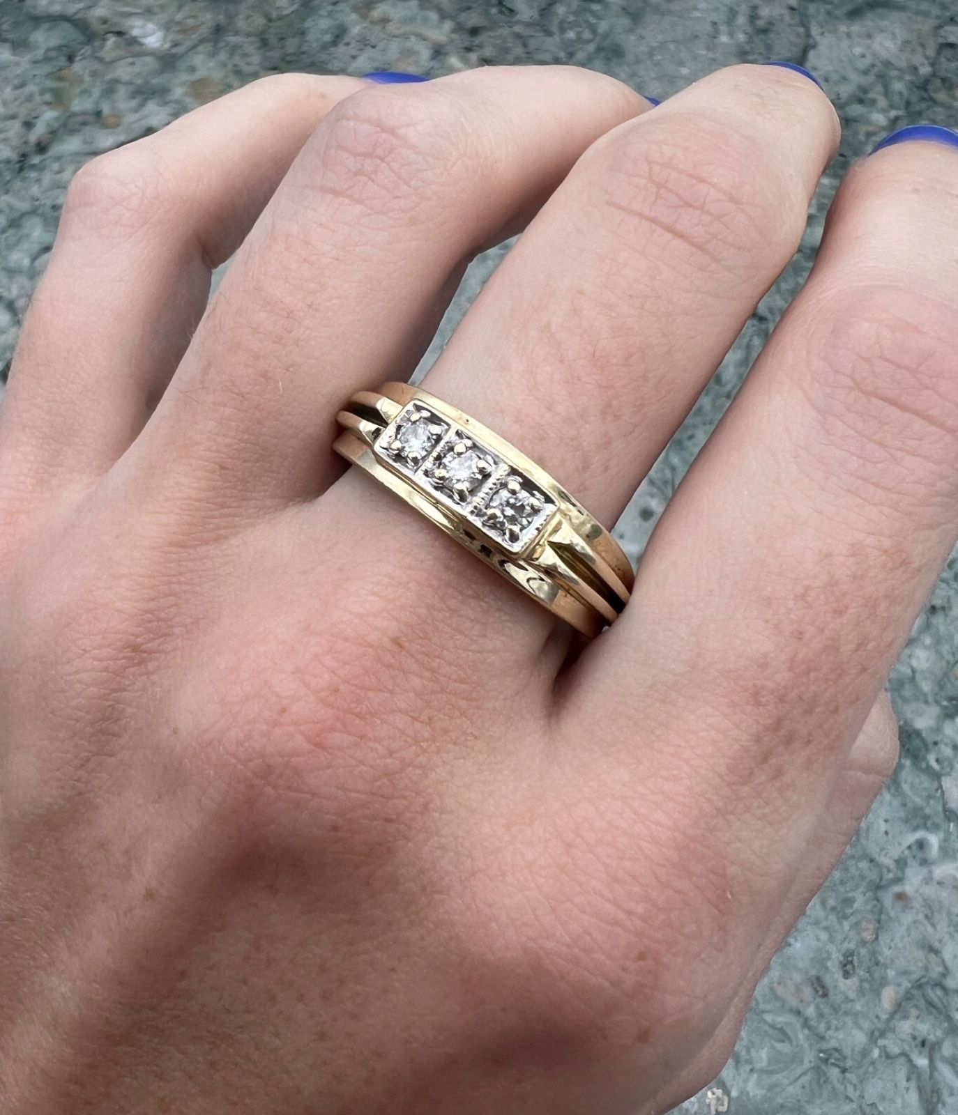 14K Gold Three-Stone Diamond Ring Set Vintage Mid-Century. Sz. 9.75 3