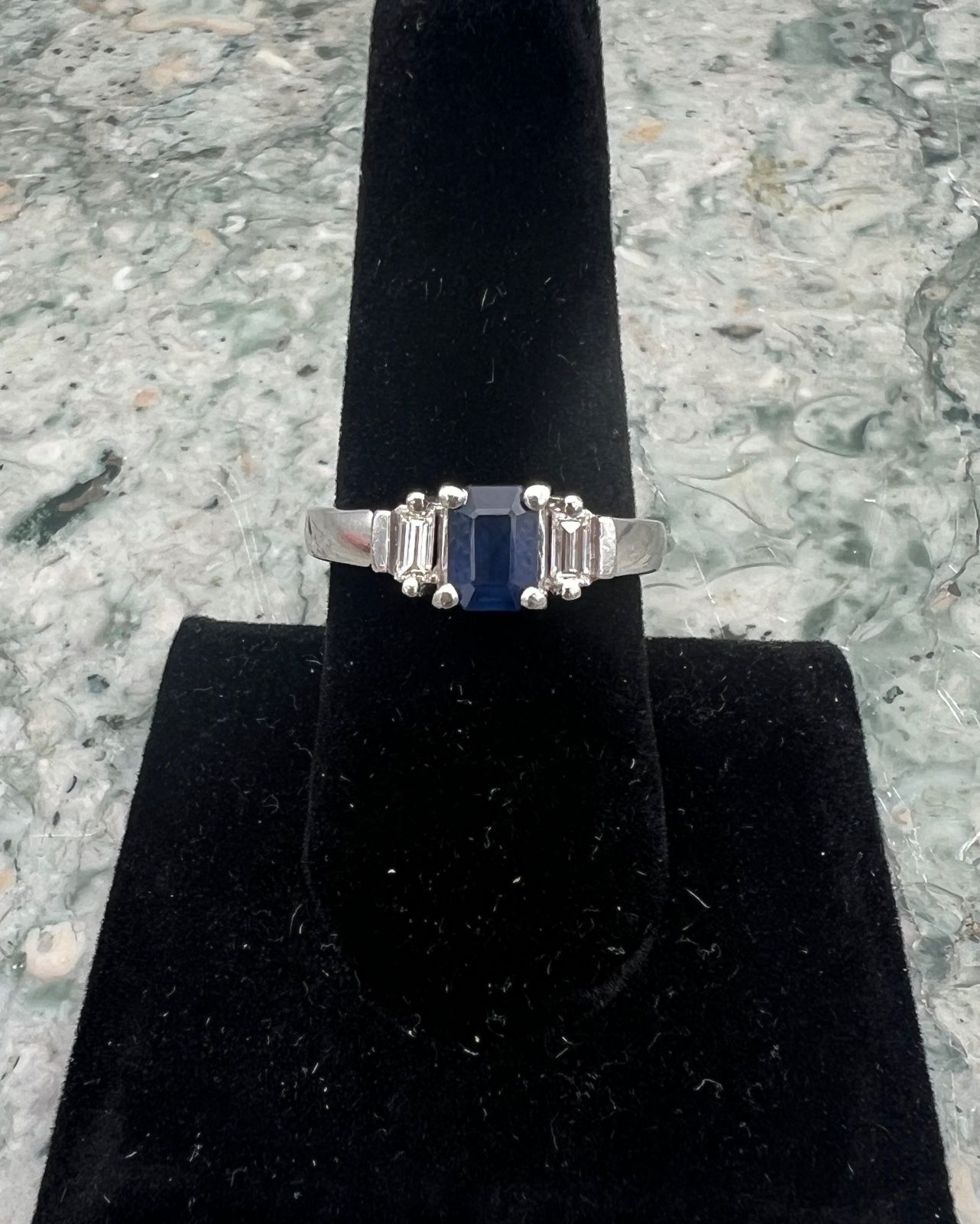 Platinum Ring with Emerald-Cut Sapphire & Diamond Baguettes. Sz. 9.5 2