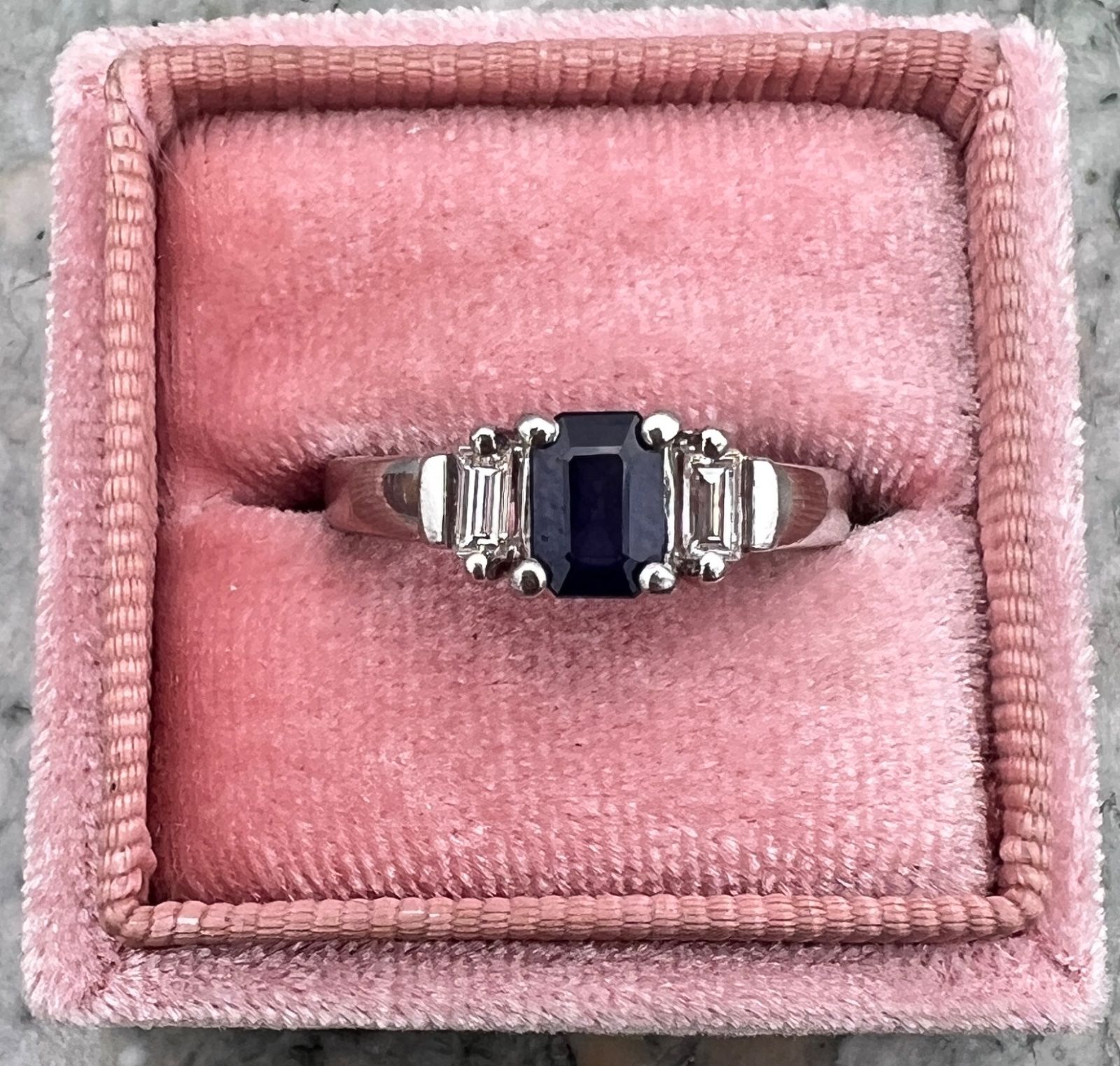 Platinum Ring with Emerald-Cut Sapphire & Diamond Baguettes. Sz. 9.5