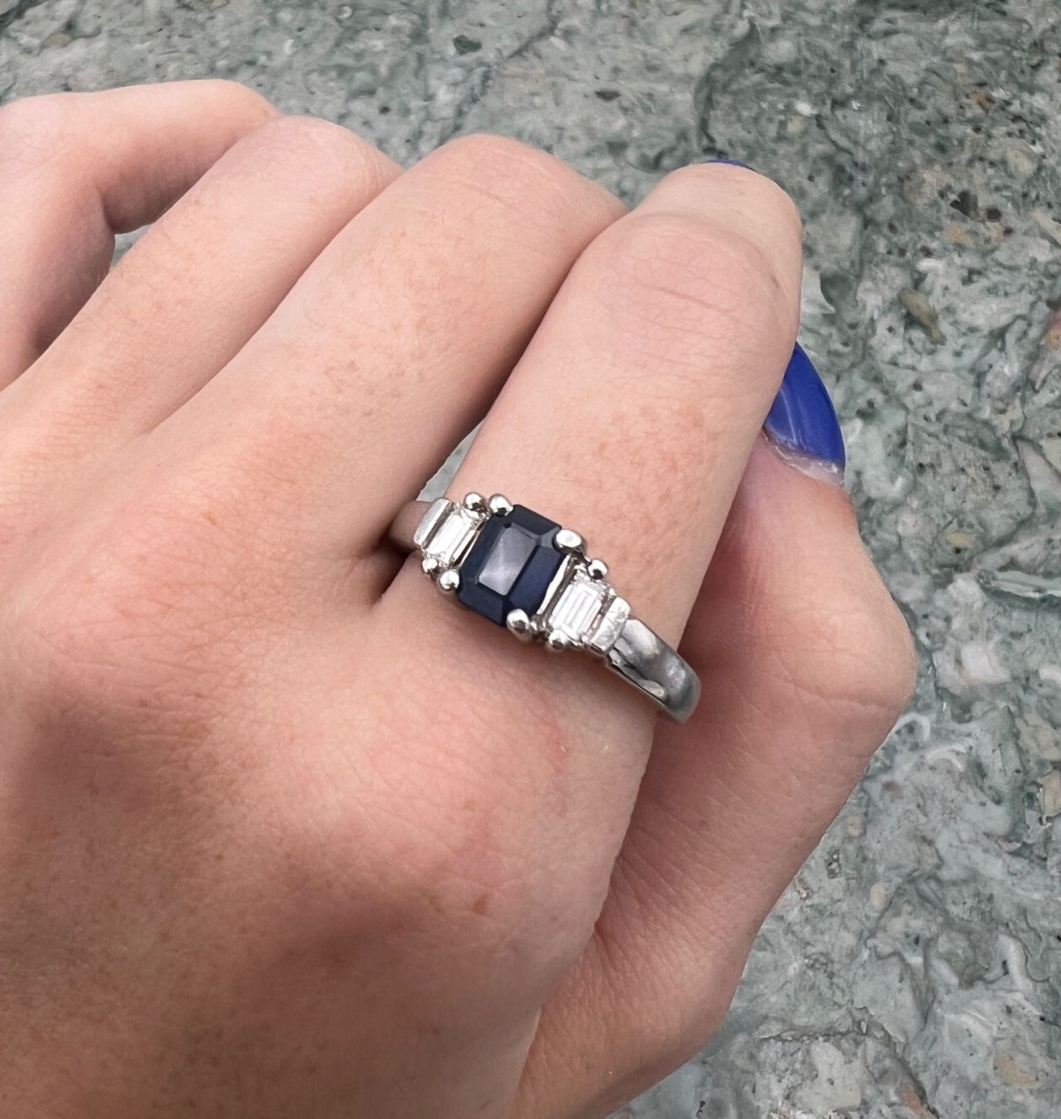 Platinum Ring with Emerald-Cut Sapphire & Diamond Baguettes. Sz. 9.5 3