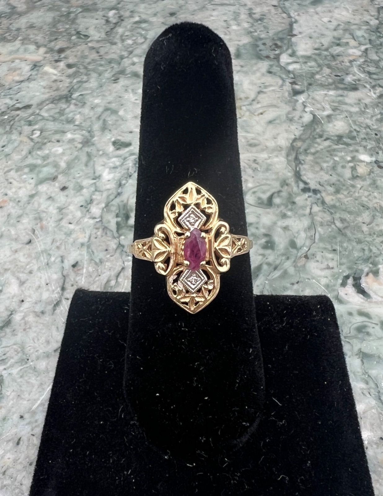 10K Gold Filigree Ring with Marquise Ruby and Diamond Accents. Sz. 8.5 2
