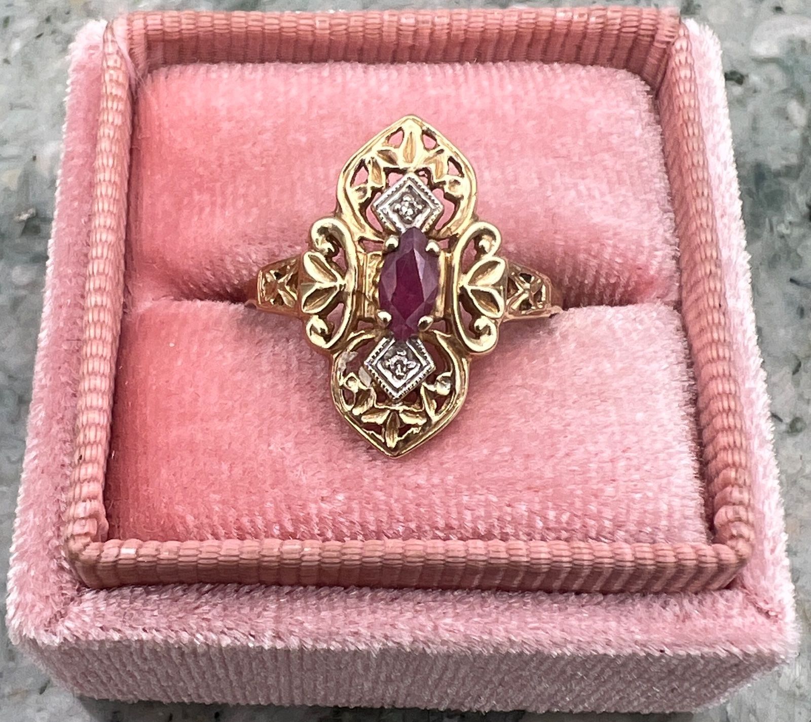 10K Gold Filigree Ring with Marquise Ruby and Diamond Accents. Sz. 8.5