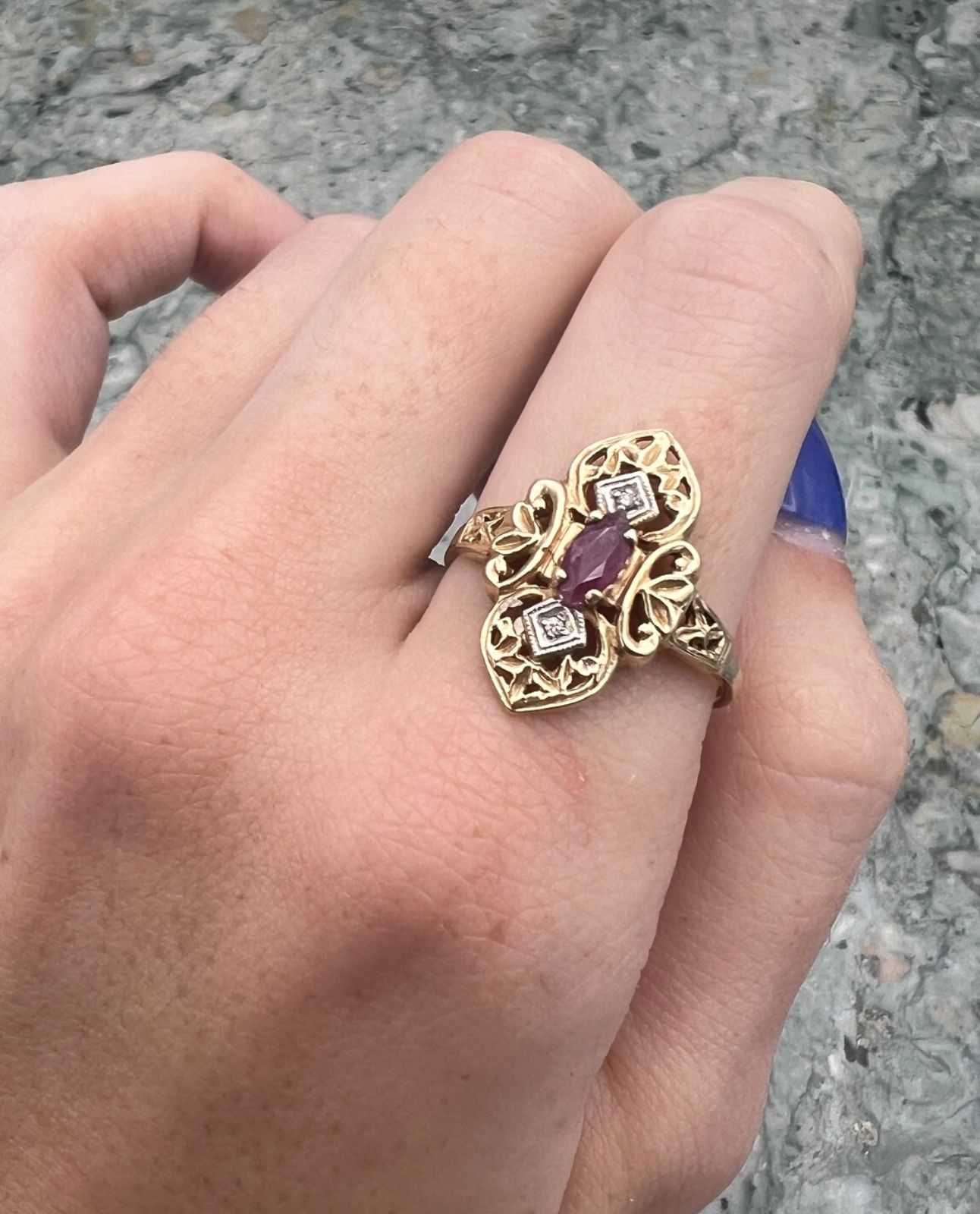 10K Gold Filigree Ring with Marquise Ruby and Diamond Accents. Sz. 8.5 3