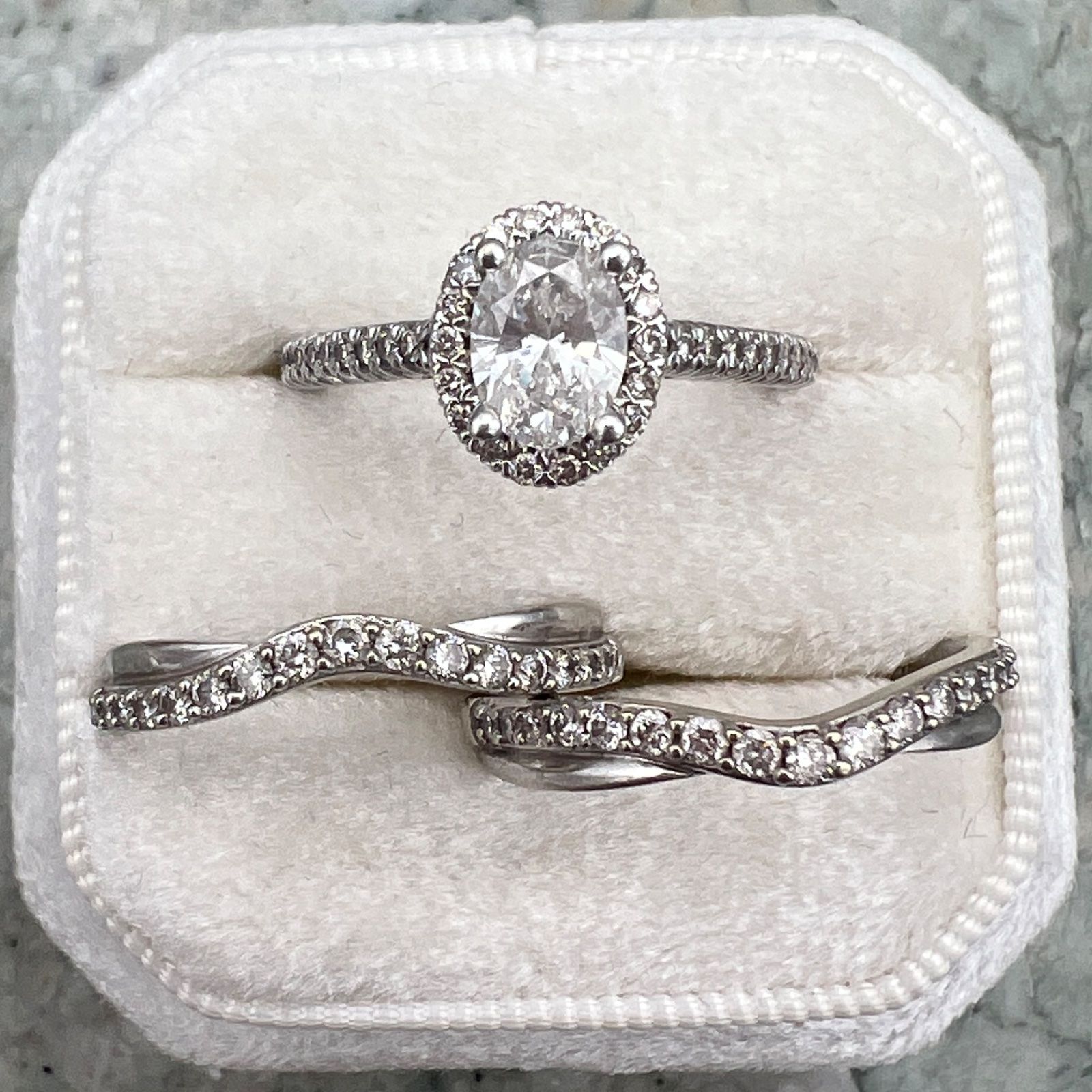 14K White Gold Oval Moissanite Halo Engagement Ring Set with Bands. Sz. 6 2