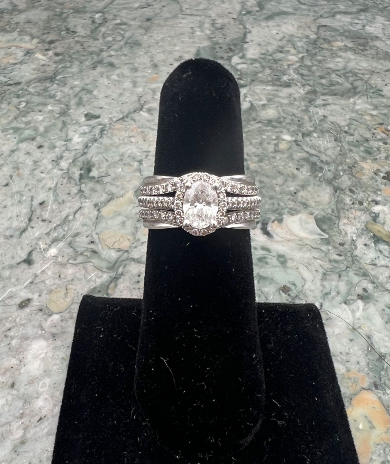 14K White Gold Oval Moissanite Halo Engagement Ring Set with Bands. Sz. 6 3