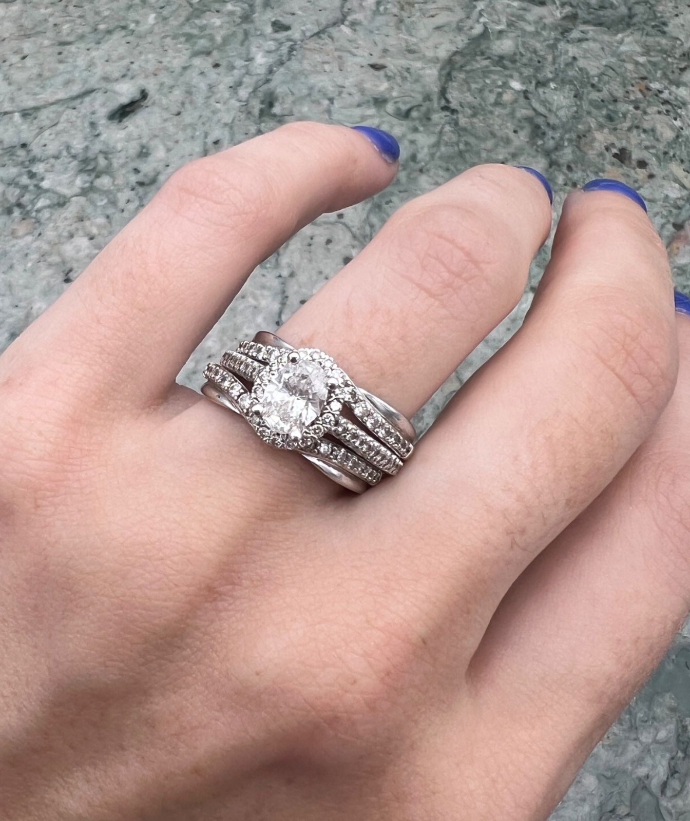 14K White Gold Oval Moissanite Halo Engagement Ring Set with Bands. Sz. 6 4