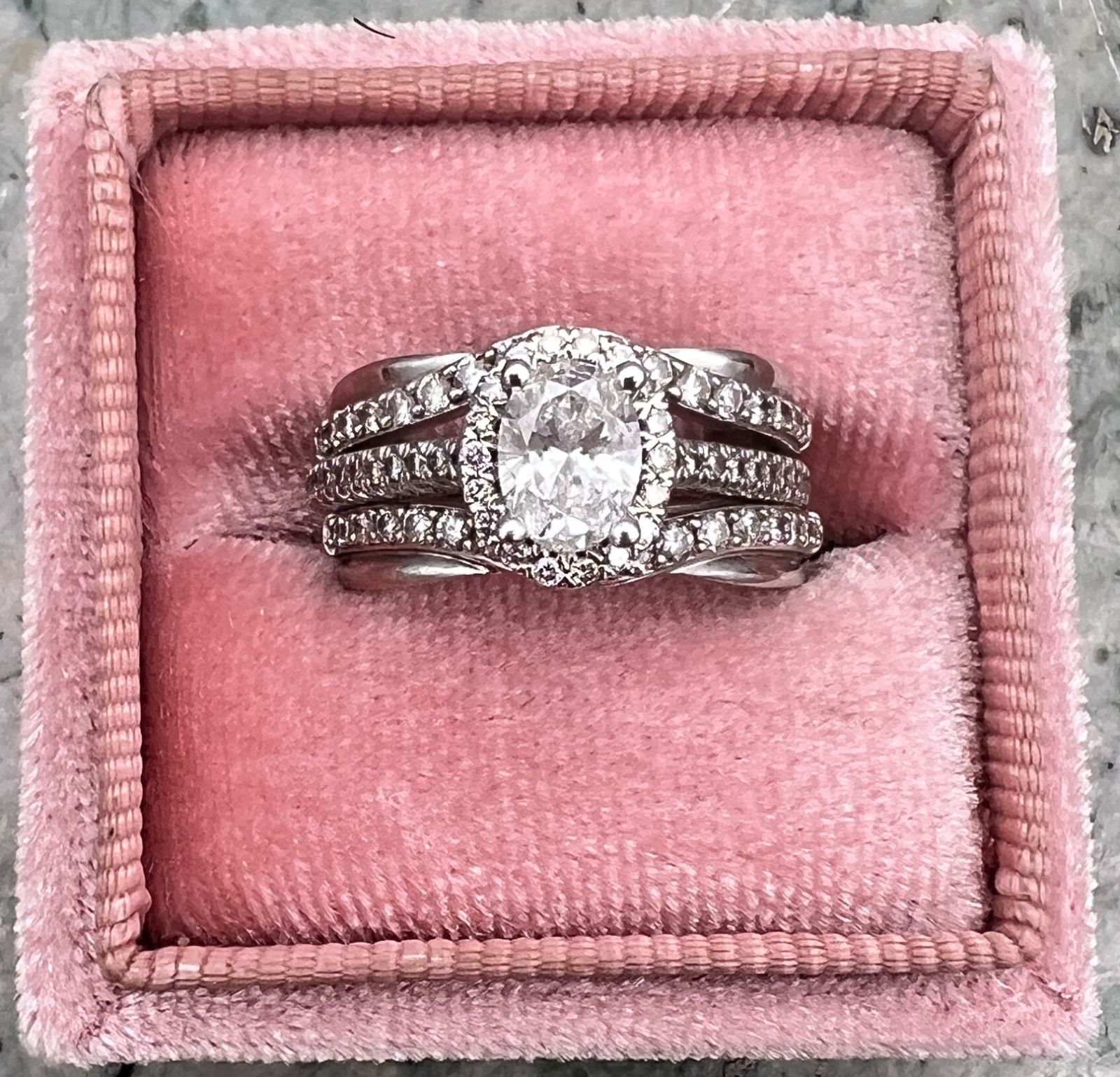 14K White Gold Oval Moissanite Halo Engagement Ring Set with Bands. Sz. 6