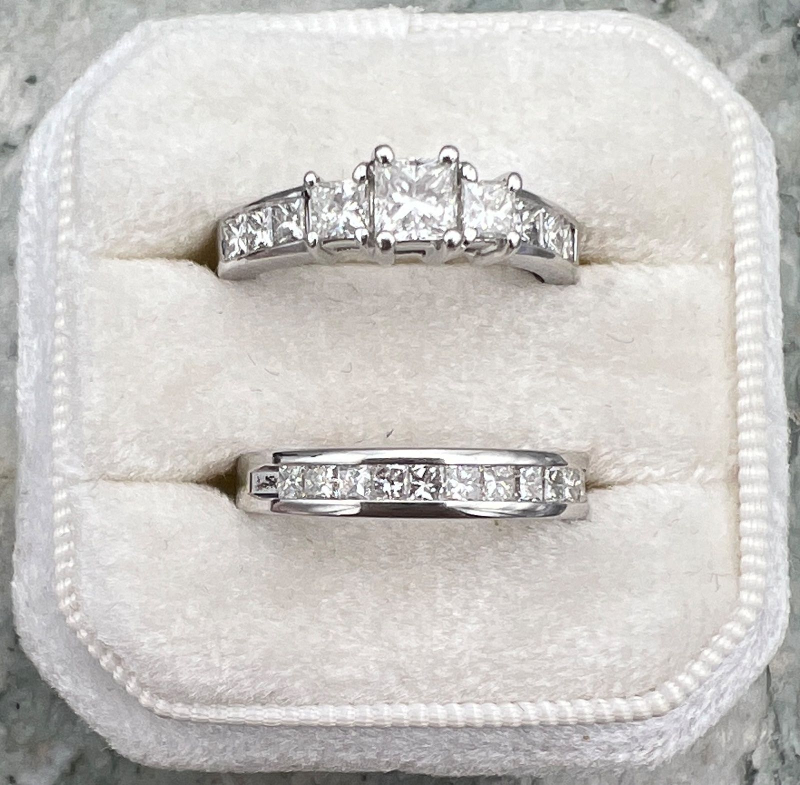 14K White Gold Princess Cut Diamond Engagement Ring & Wedding Band Set. Sz. 4.75