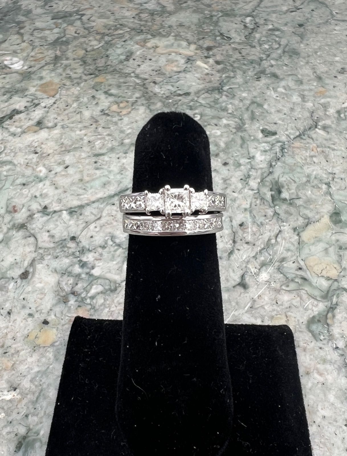 14K White Gold Princess Cut Diamond Engagement Ring & Wedding Band Set. Sz. 4.75 2