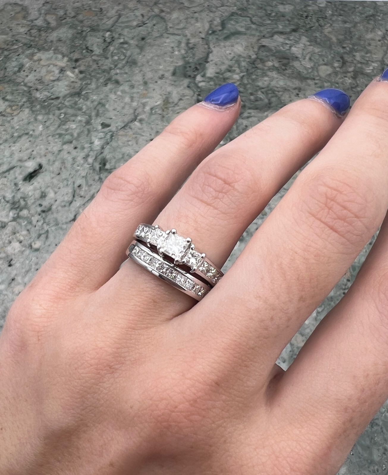 14K White Gold Princess Cut Diamond Engagement Ring & Wedding Band Set. Sz. 4.75 3