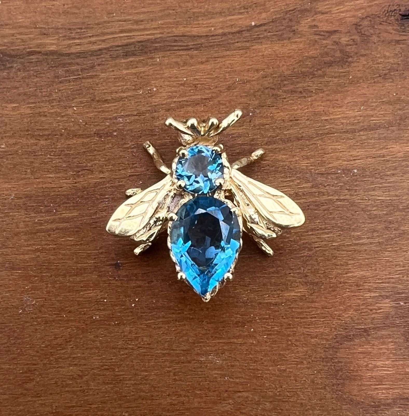 10K Gold Bee Charm with Blue Topaz and Green Cabochon Eyes 2