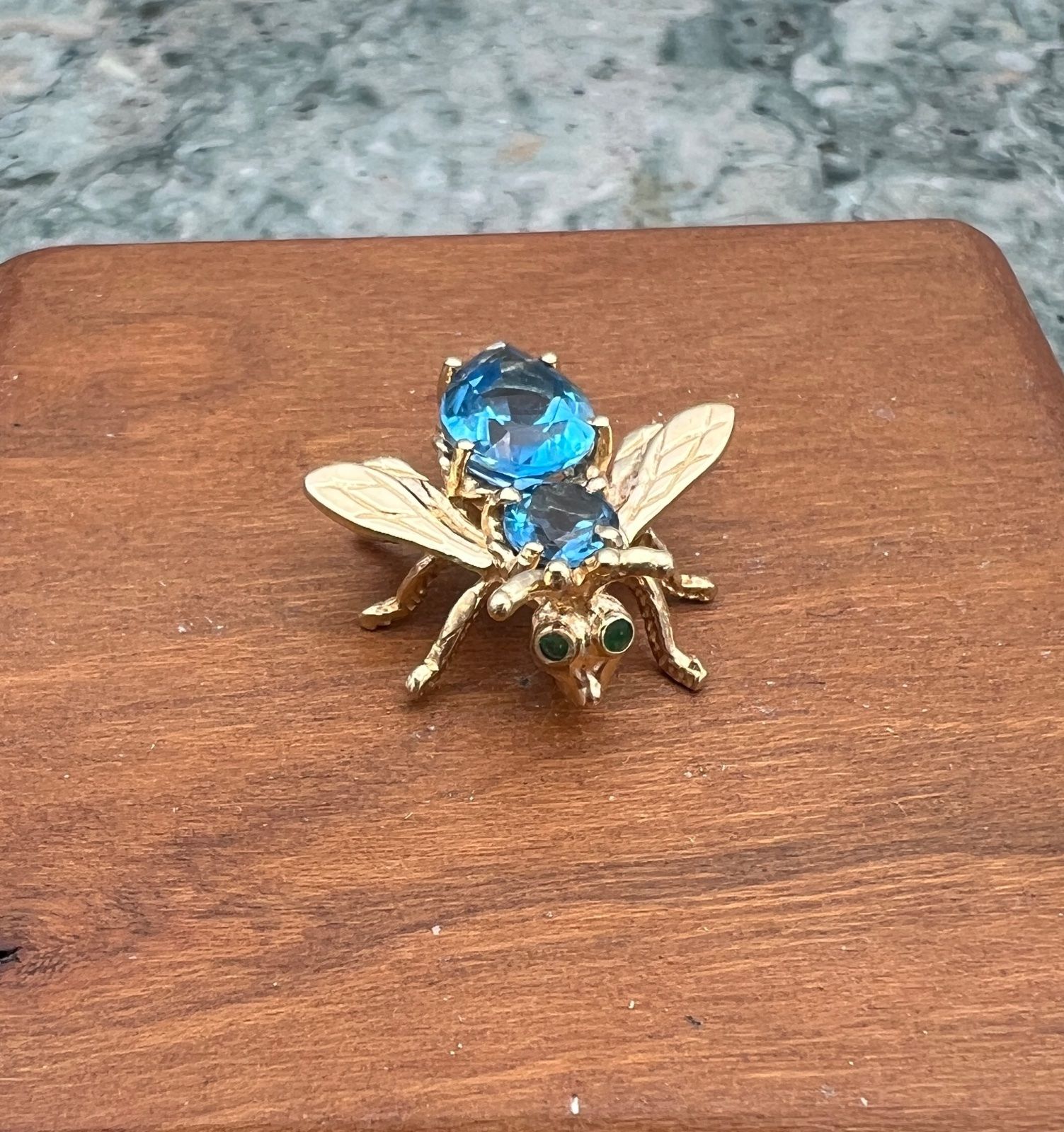 10K Gold Bee Charm with Blue Topaz and Green Cabochon Eyes