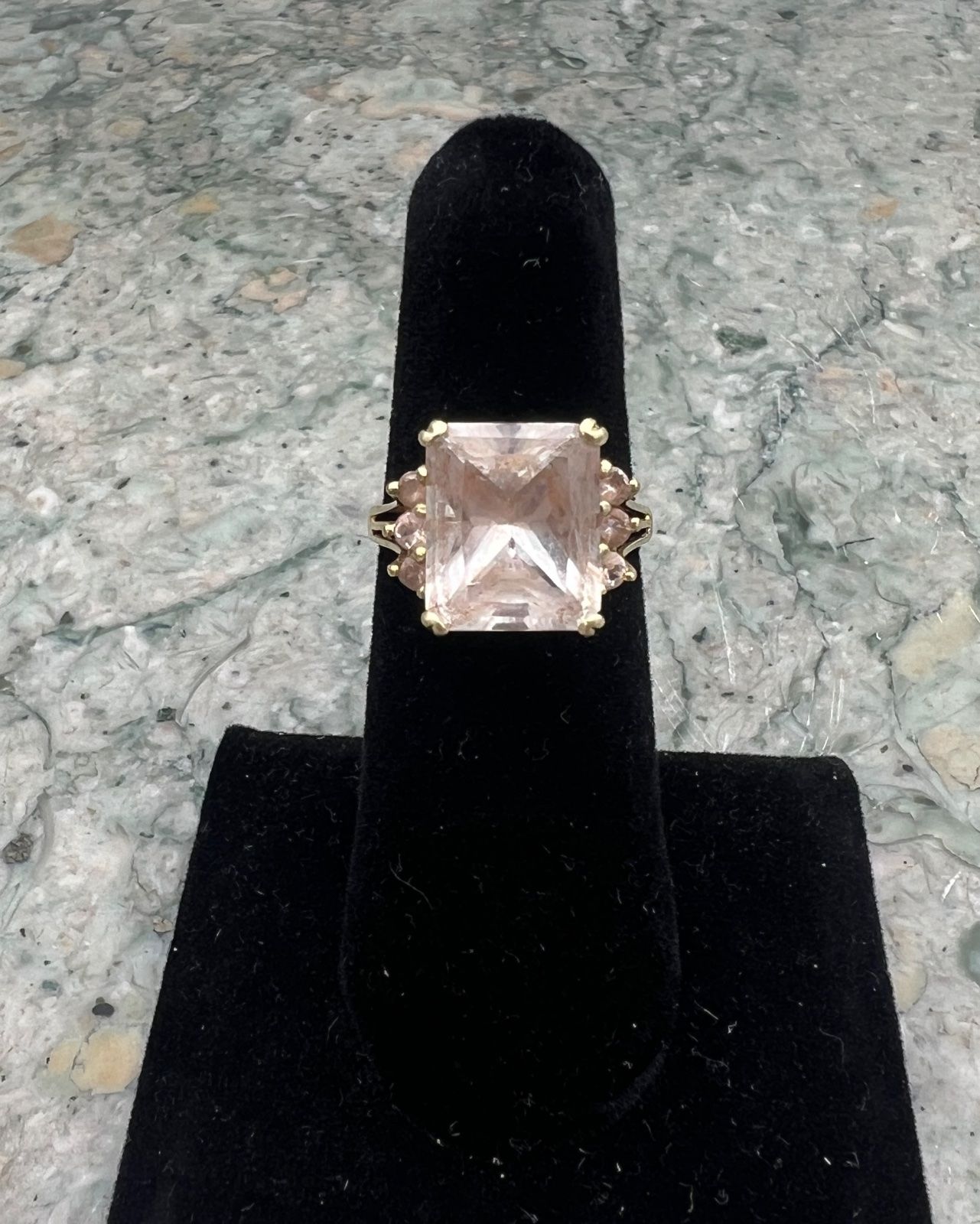 14K Gold Emerald-Cut Clear Gemstone Cocktail Ring with Accents. Sz 6.5 2