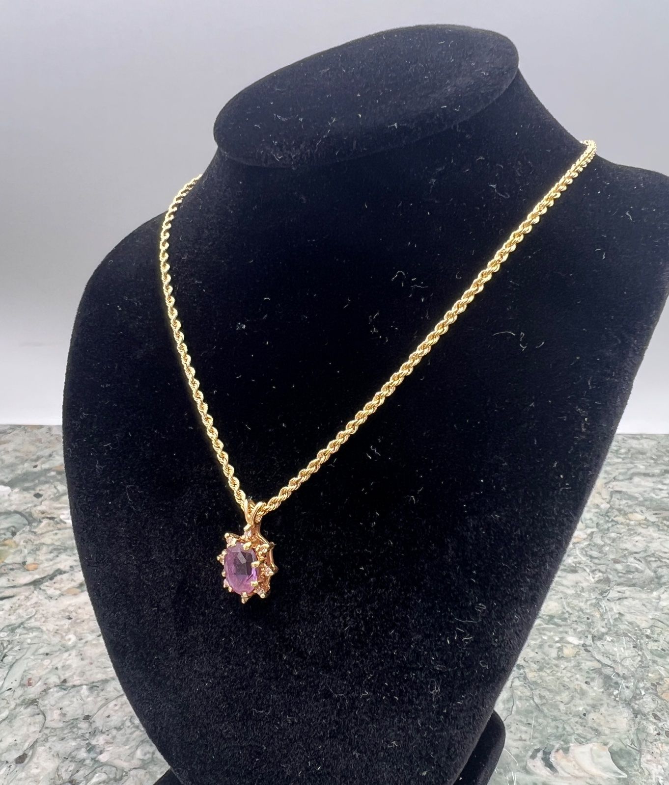 14K Gold Rope Chain Necklace with Amethyst Pendant Halo Setting 3