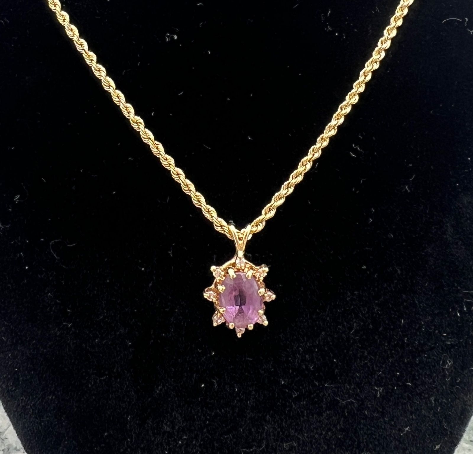 14K Gold Rope Chain Necklace with Amethyst Pendant Halo Setting 2