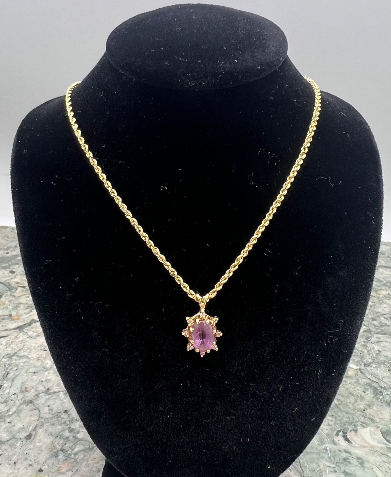 14K Gold Rope Chain Necklace with Amethyst Pendant Halo Setting